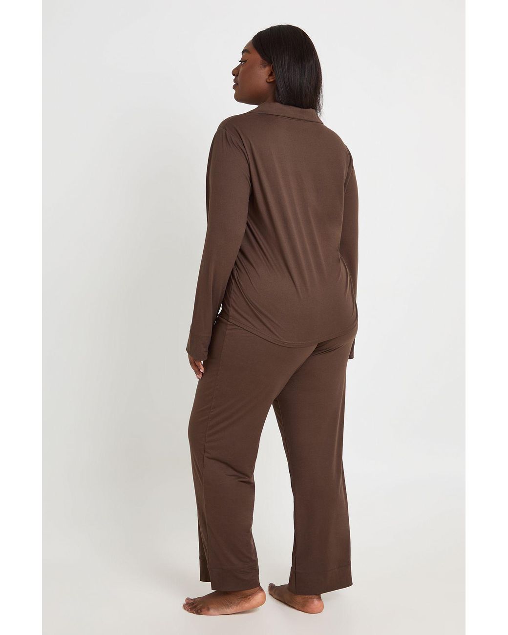 Boohoo Brown Plus Soft Touch Button Through Shirt And Trouser Pyjama Set