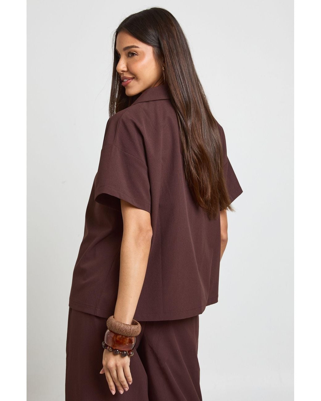 Boohoo Brown Essentials Oversized Textured Short Sleeve Beach Shirt