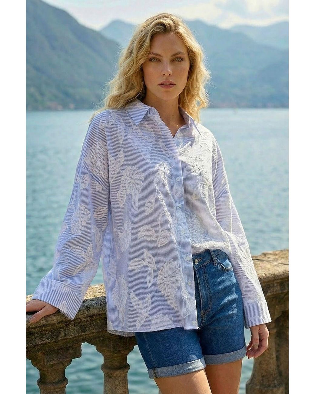 Roman Blue Floral Jacquard Buttoned Shirt