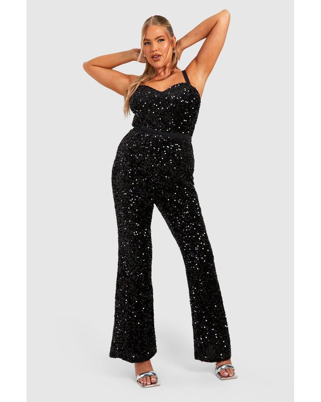 Boohoo Plus Velvet Sequin Strappy Wide Leg Jumspuit in Black | Lyst UK