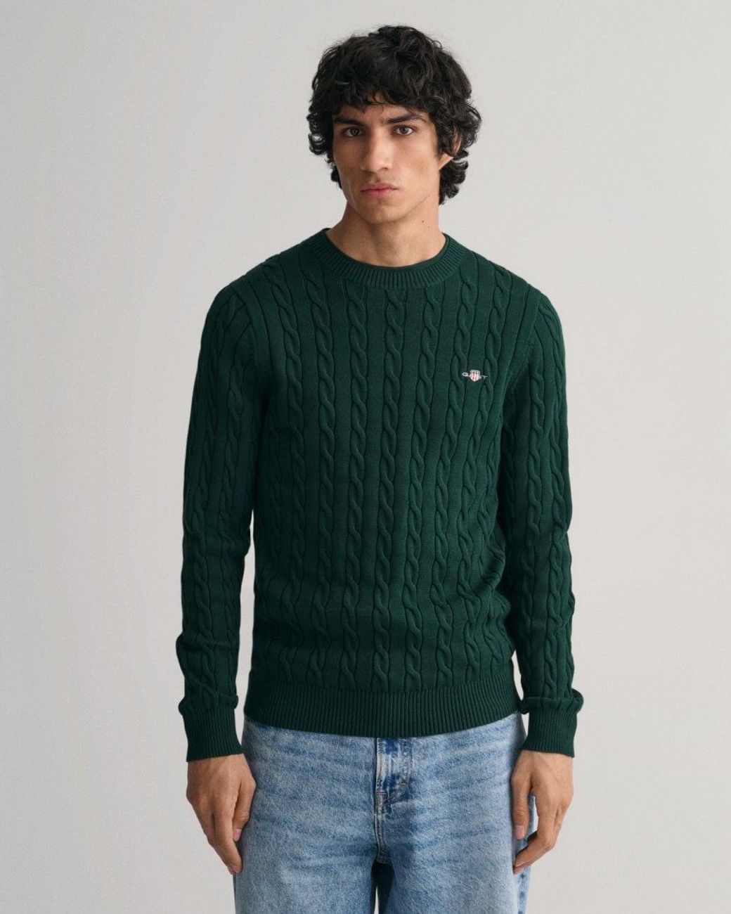 Gant Green Cotton Cable Knit Crew Neck Jumper for men