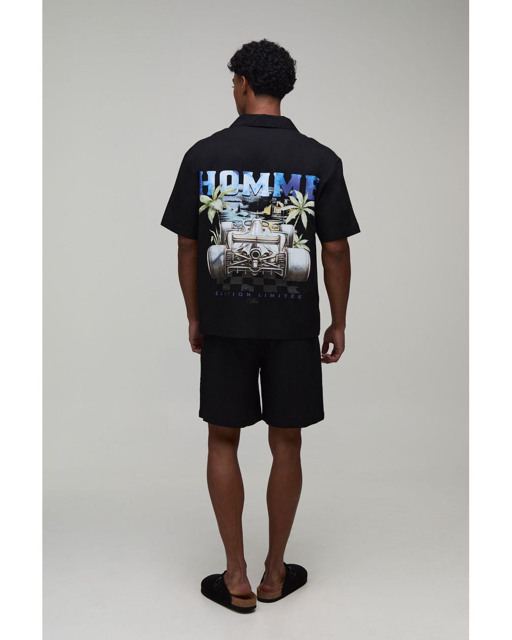 BoohooMAN Black Homme Racing Back Print Oversized Shirt & Short Set for men
