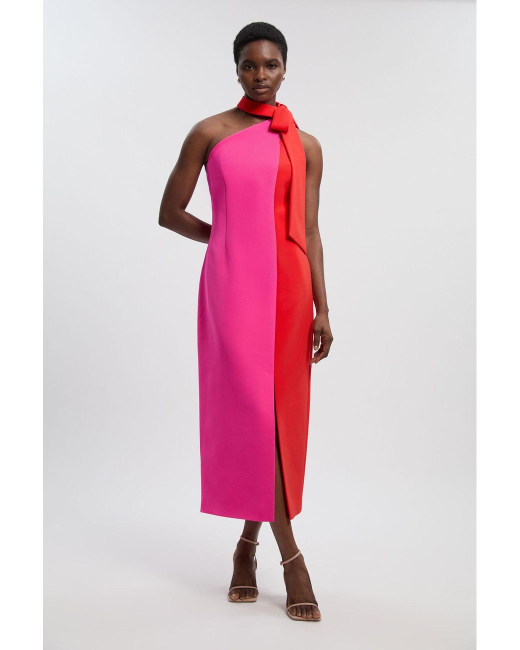 Karen Millen Pink Petite Soft Tailored Colour Block Bow Midi Dress