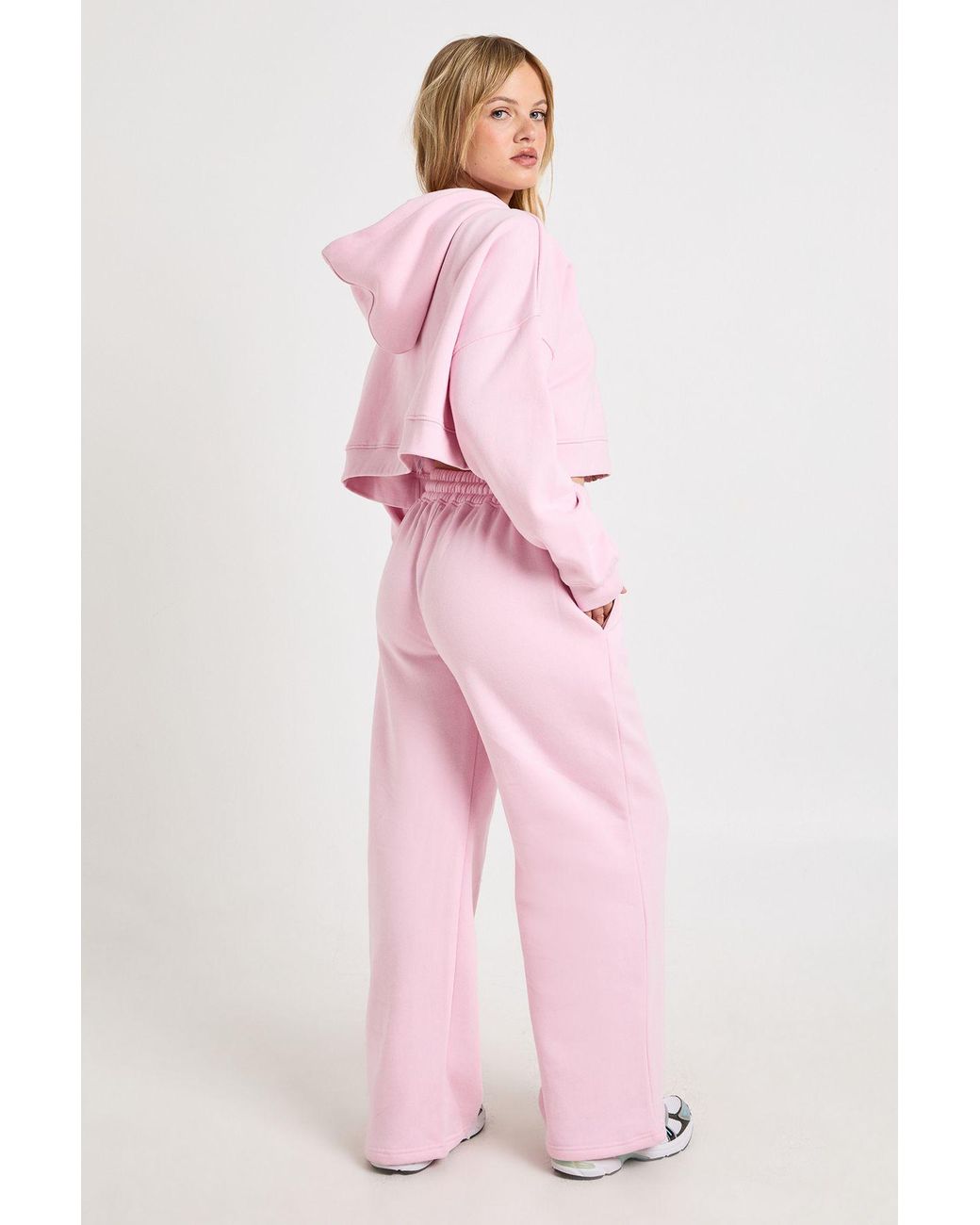 Boohoo Pink Petite Deep Hem Crop Top 3 Piece Hooded Tracksuit