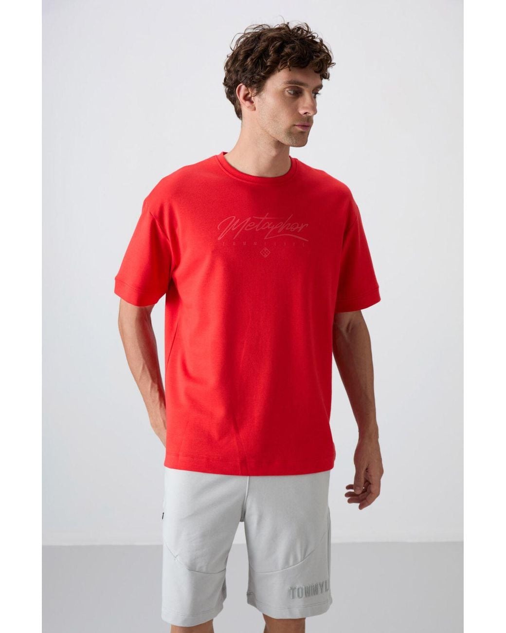 TOMMY LIFE Red Oversized Printed Crew Neck T-Shirt for men