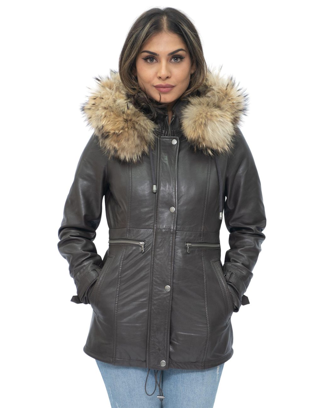 Infinity Leather Gray Hooded Parka Jacket-Putian
