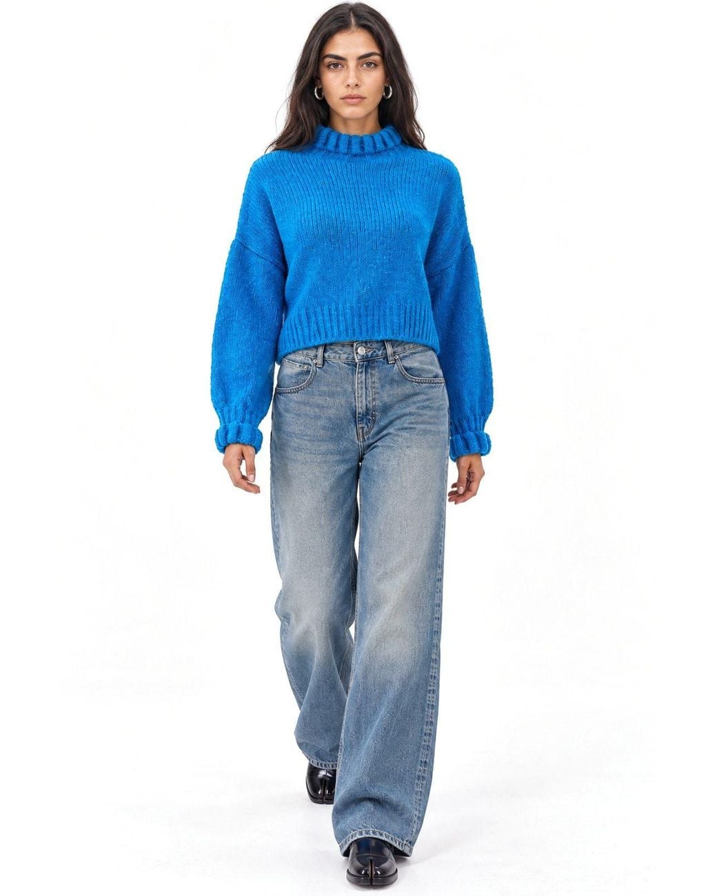 MixRay Blue Thick Turtleneck Textured Crop Sweater
