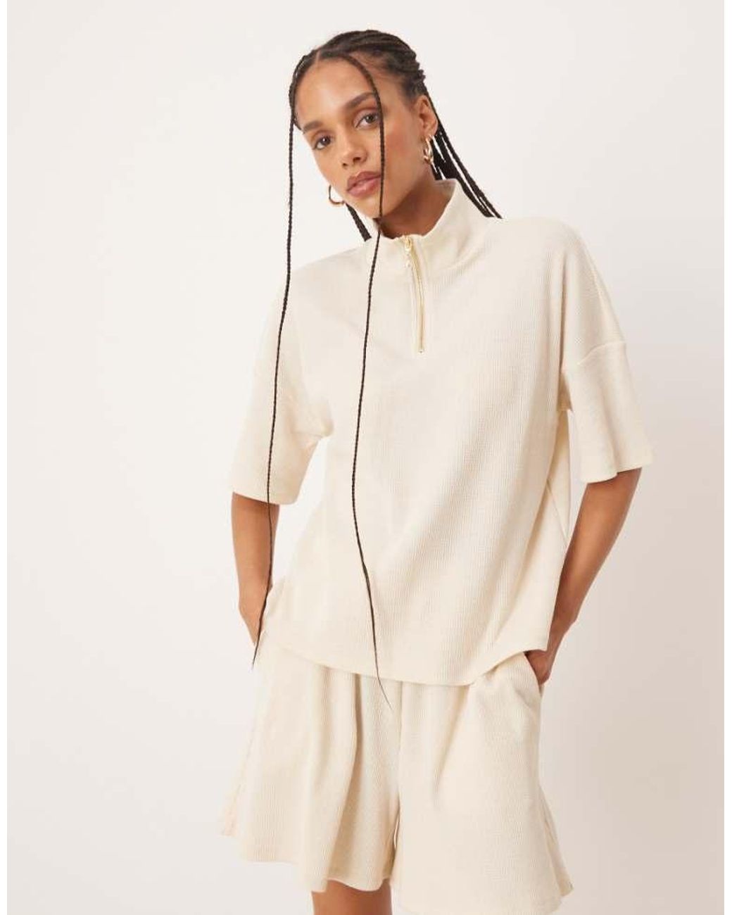 Vila Natural Boxy 1/4 Zip Waffle Top Co-Ord With Faux Pearl Zip Detail