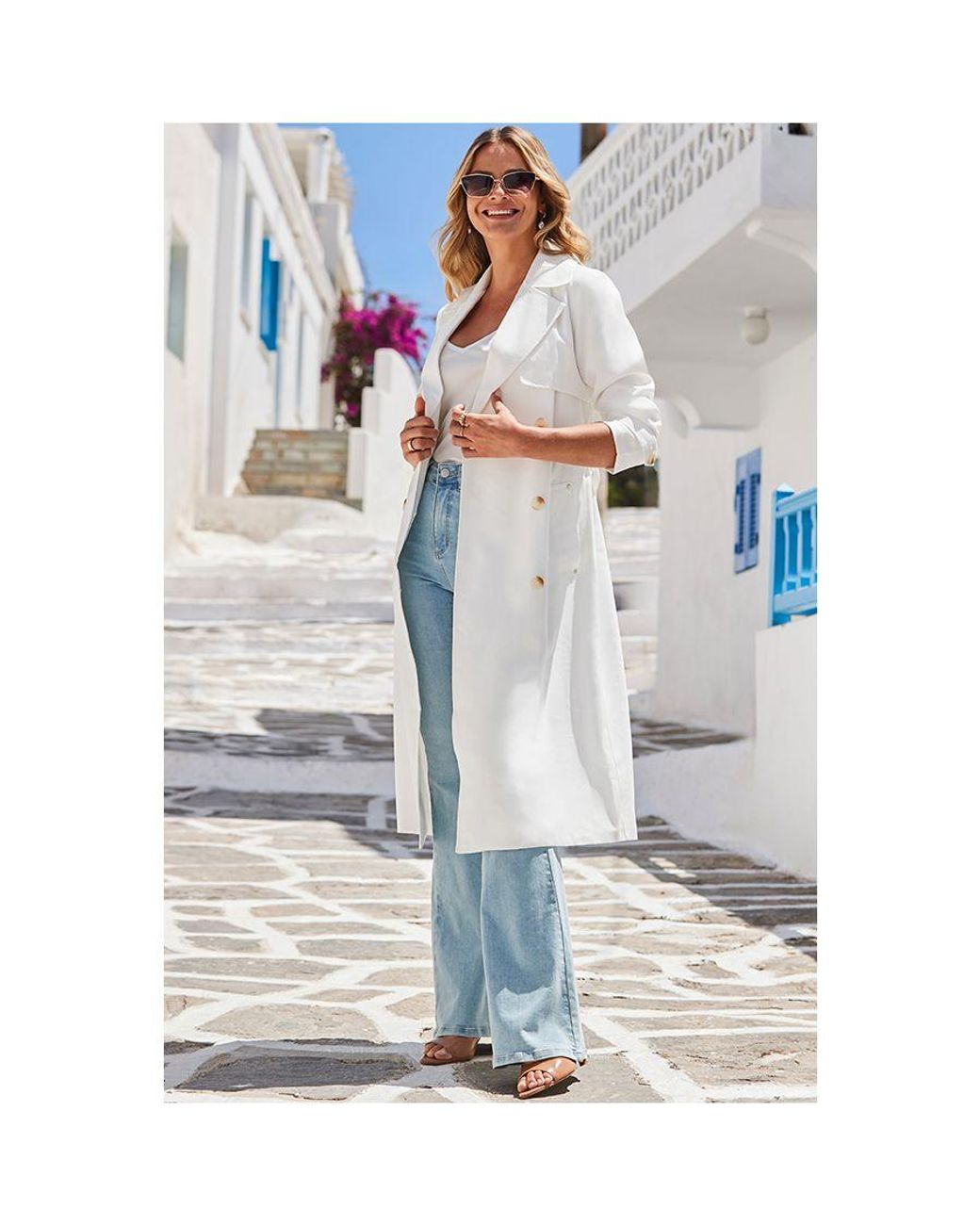 Sosandar Blue Ivory Longline Belted Trench Coat