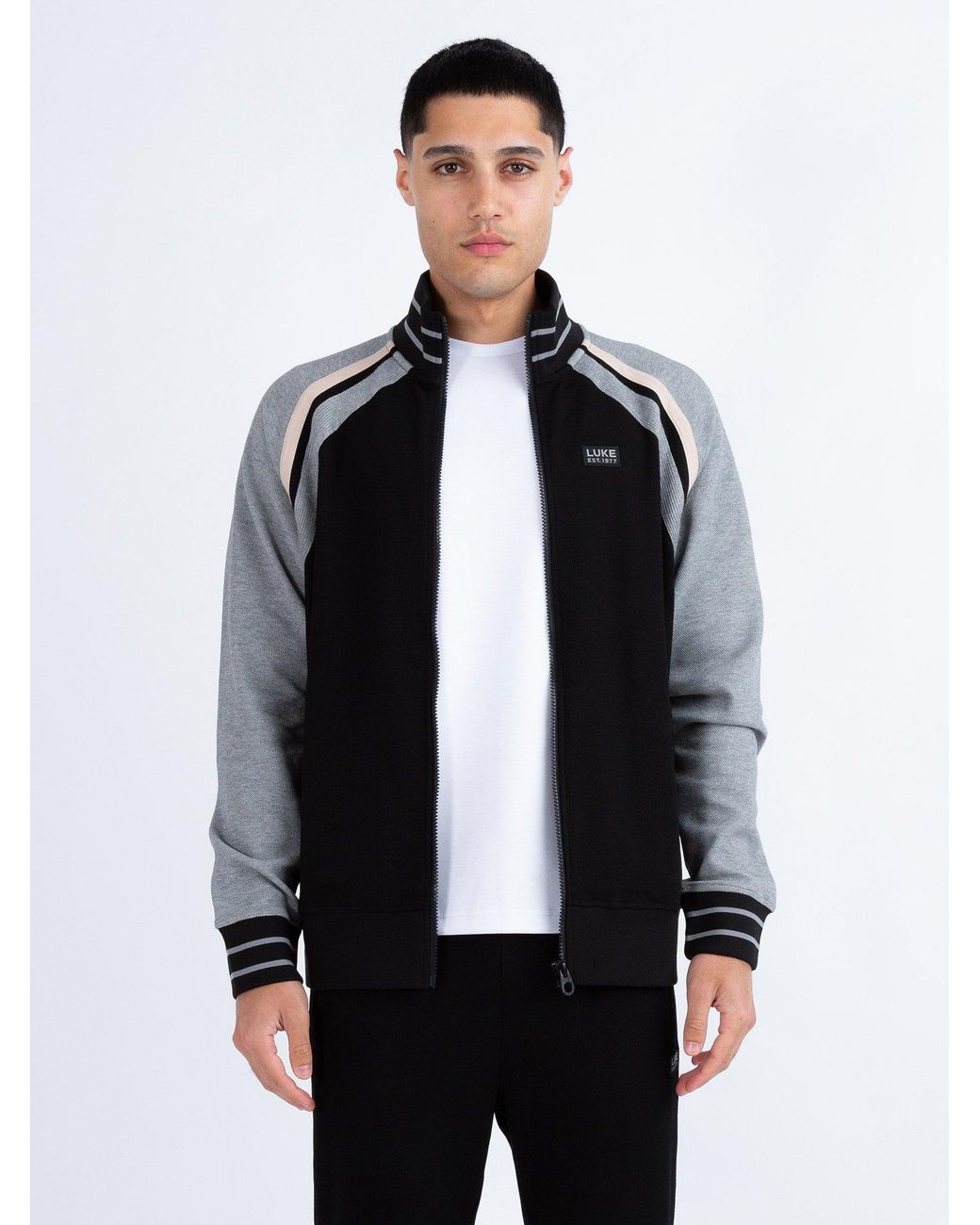 Luke 1977 Black Malone Zip Through Textured Sweatshirt for men
