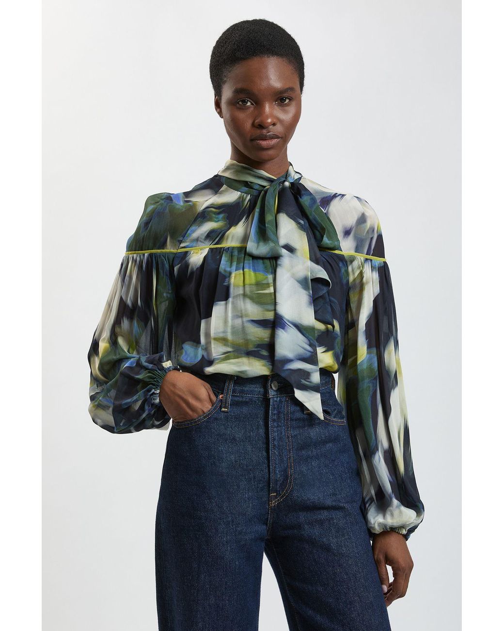 Karen Millen Blue Viscose Floral Print Woven Tie Neck Blouse