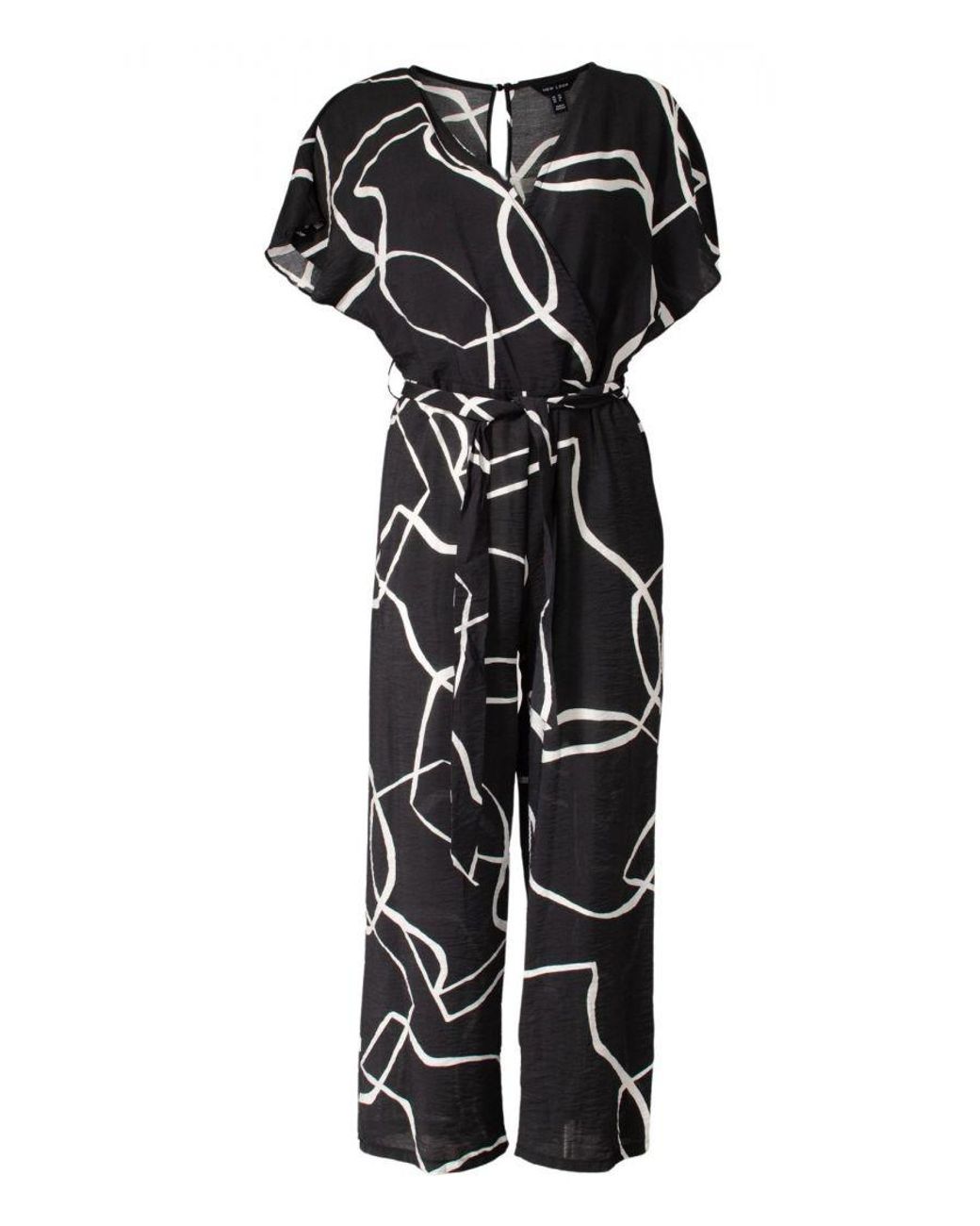 New Look Black Summer Print Tie Waist Short Sleeve Jumpsuit