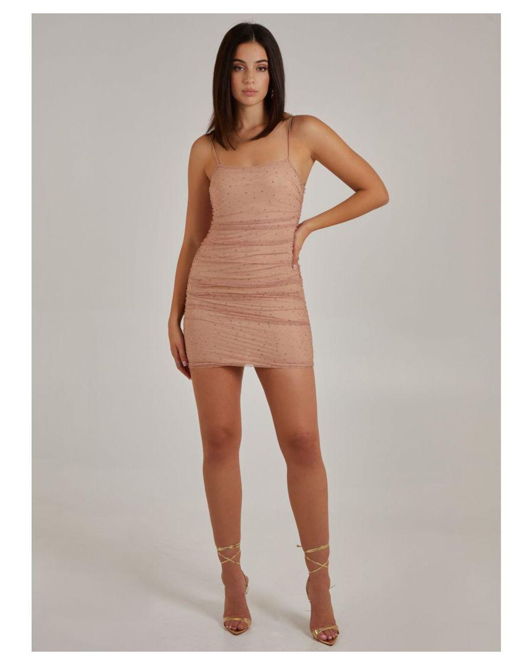 Pink Vanilla Natural Ruched Bodycon Rhinestone Dress