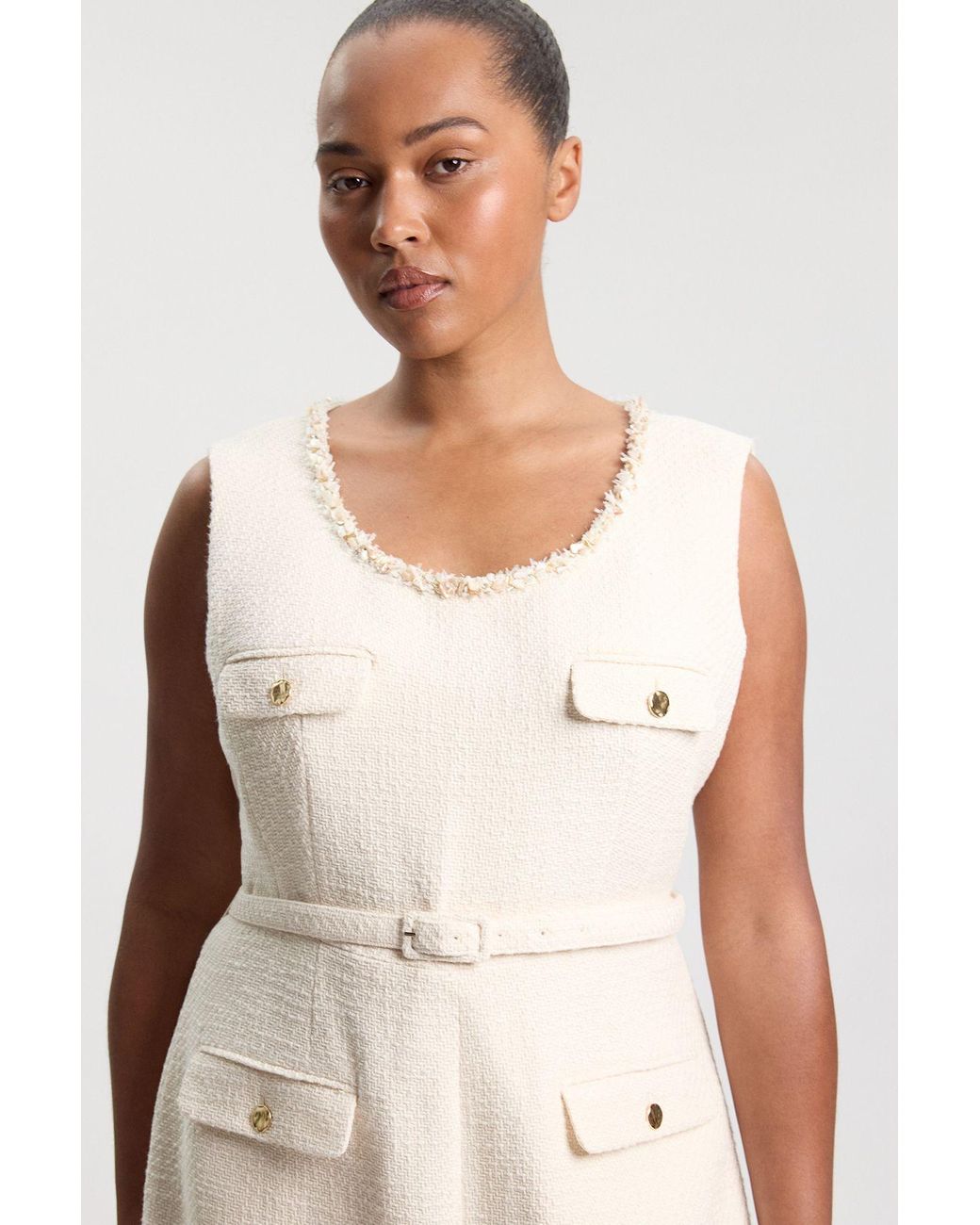 Karen Millen Natural Plus Size Tweed Embellished Trim Tailored Wide Leg Jumpsuit