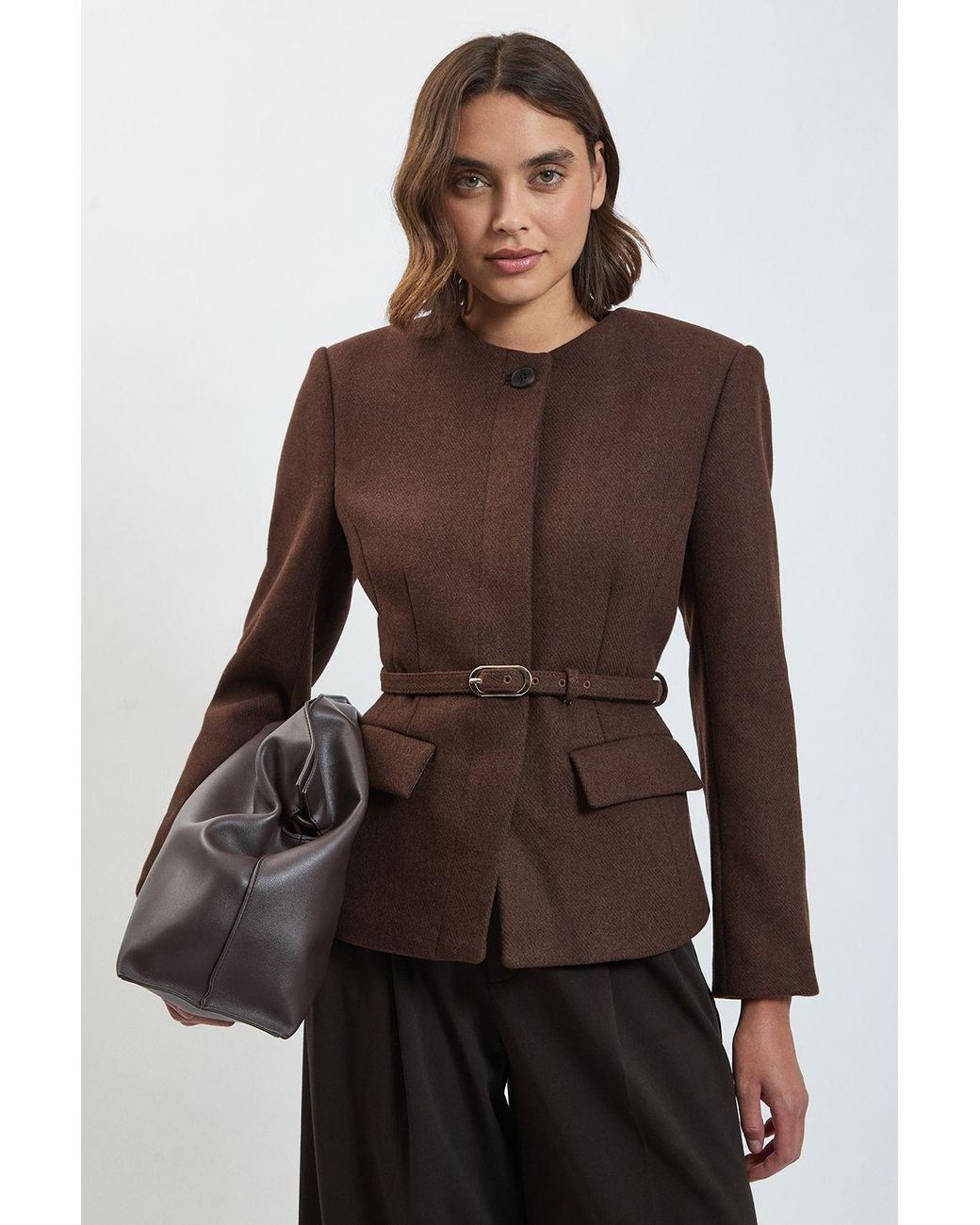 Karen Millen Brown Wool Blend Belted Collarless Tailored Coat