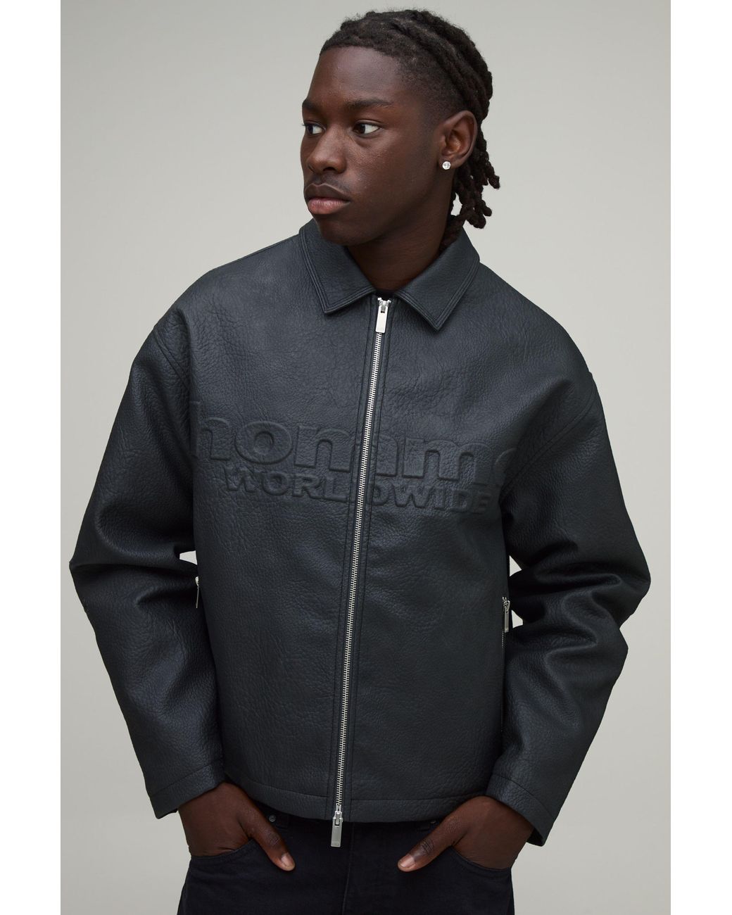 BoohooMAN Gray Boxy Fit Embossed Homme Pu Harrington Jacket for men