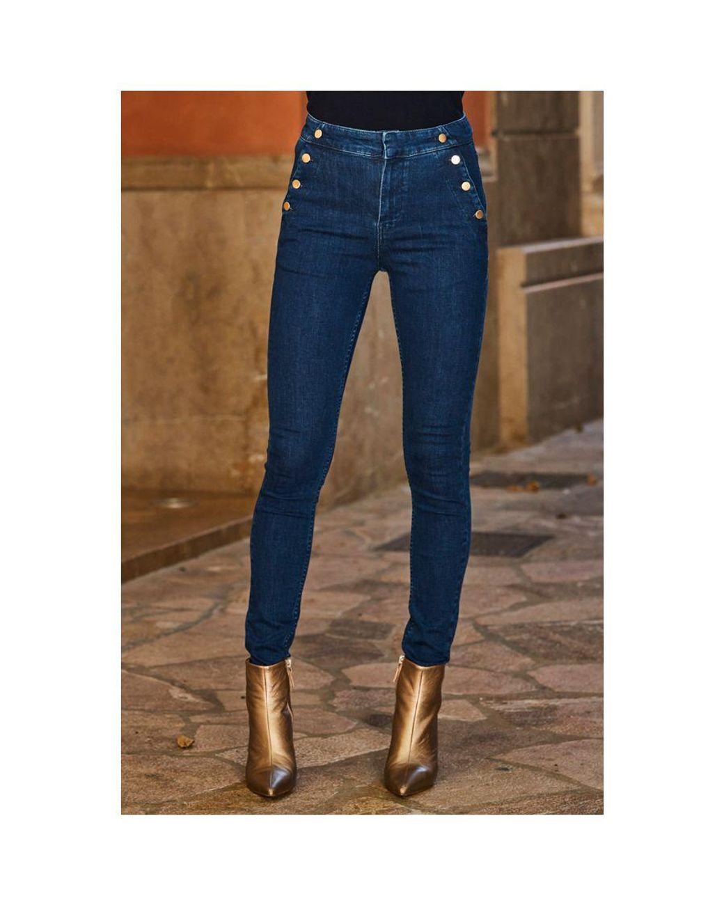 Sosandar Blue Button Pocket Skinny Jeans Cotton