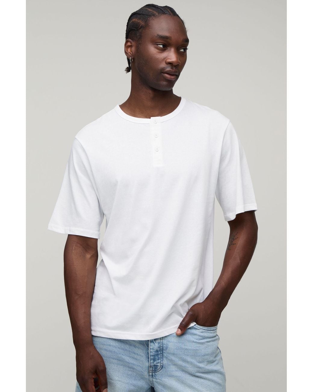 BoohooMAN White Tall Essential Regular Fit Henley T-Shirt for men