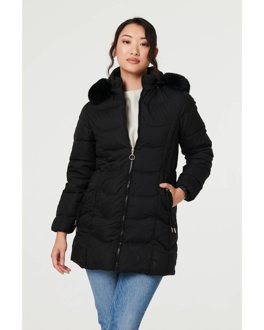 Izabel London Black Hooded Faux Fur Trim Zip Puffer Jacket