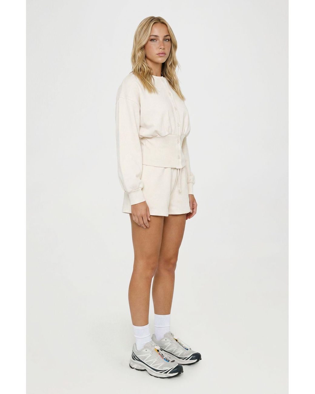 Boohoo White Cinched Waist Button Through Sweatshirt Short Tracksuit