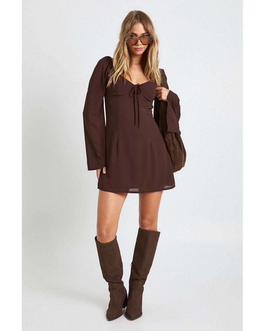 Boohoo Brown Lace Cup Detail Milkmaid Dress