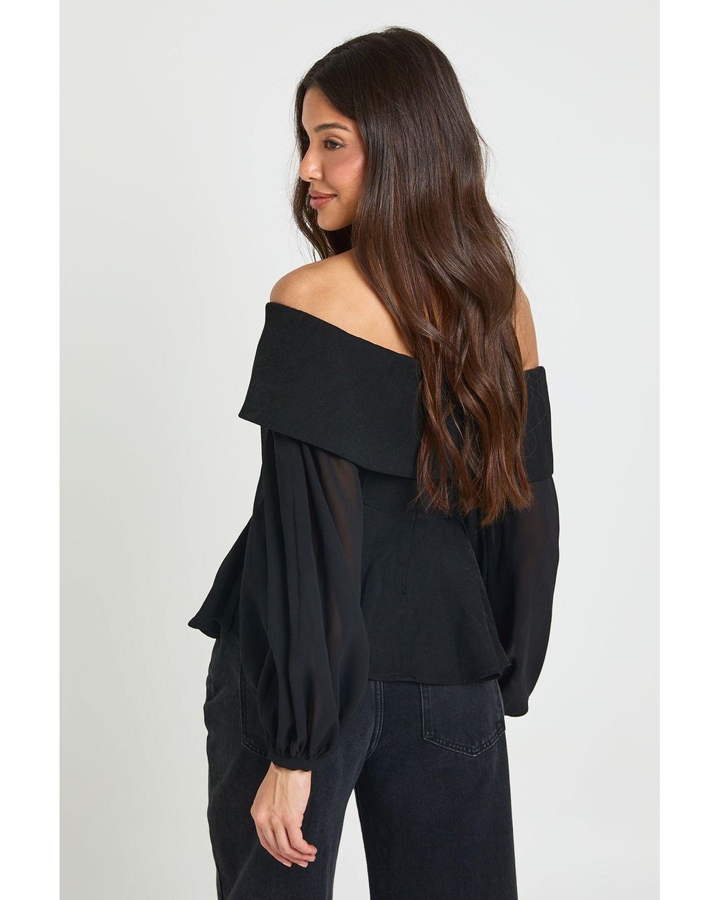 Boohoo Black Chiffon Crepe Bardot Blouse