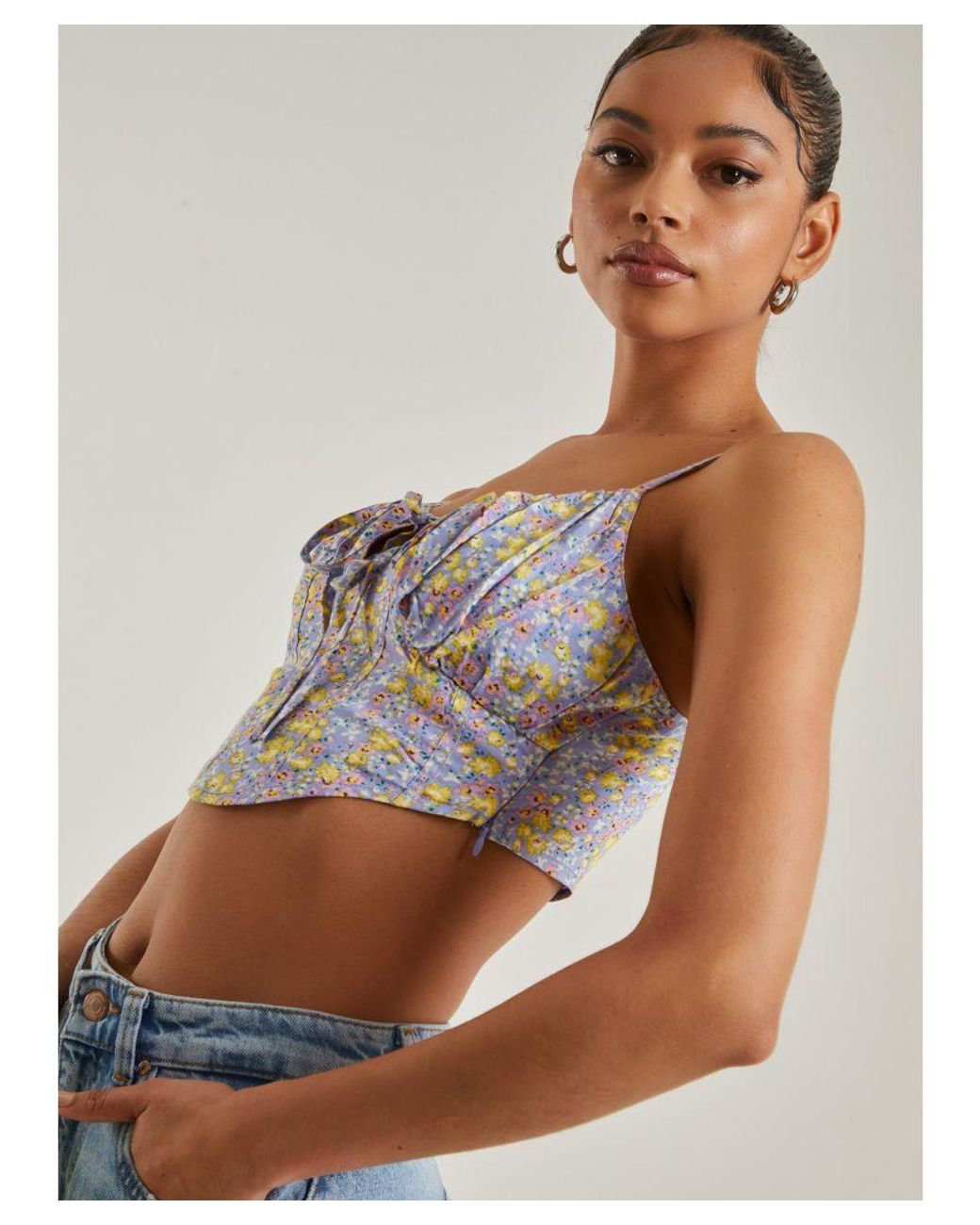 Pink Vanilla Blue Ditsy Floral Tie Front Corset Top