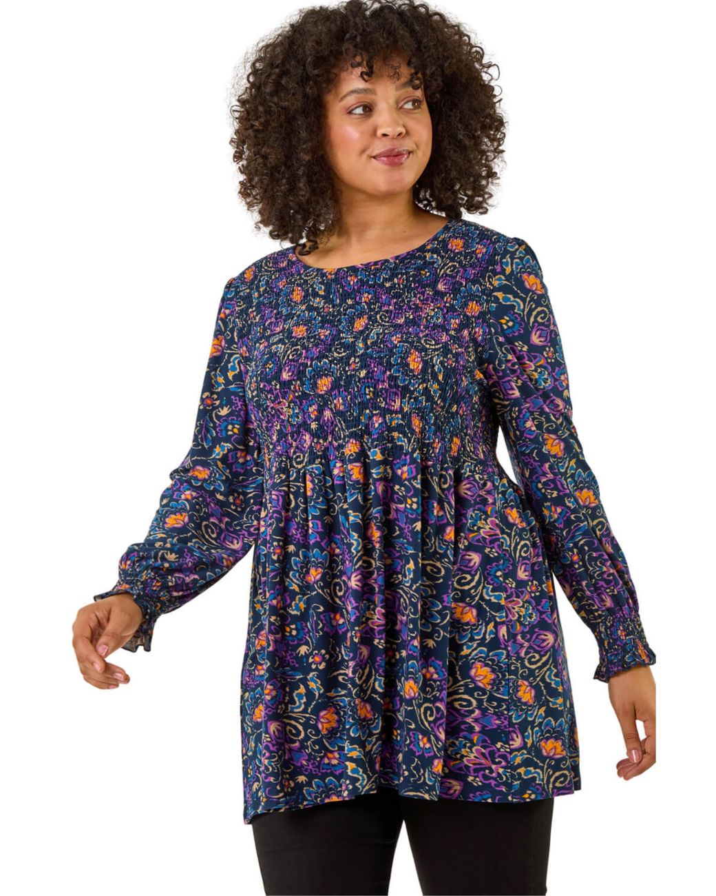 Roman Blue Curve Floral Print Stretch Top