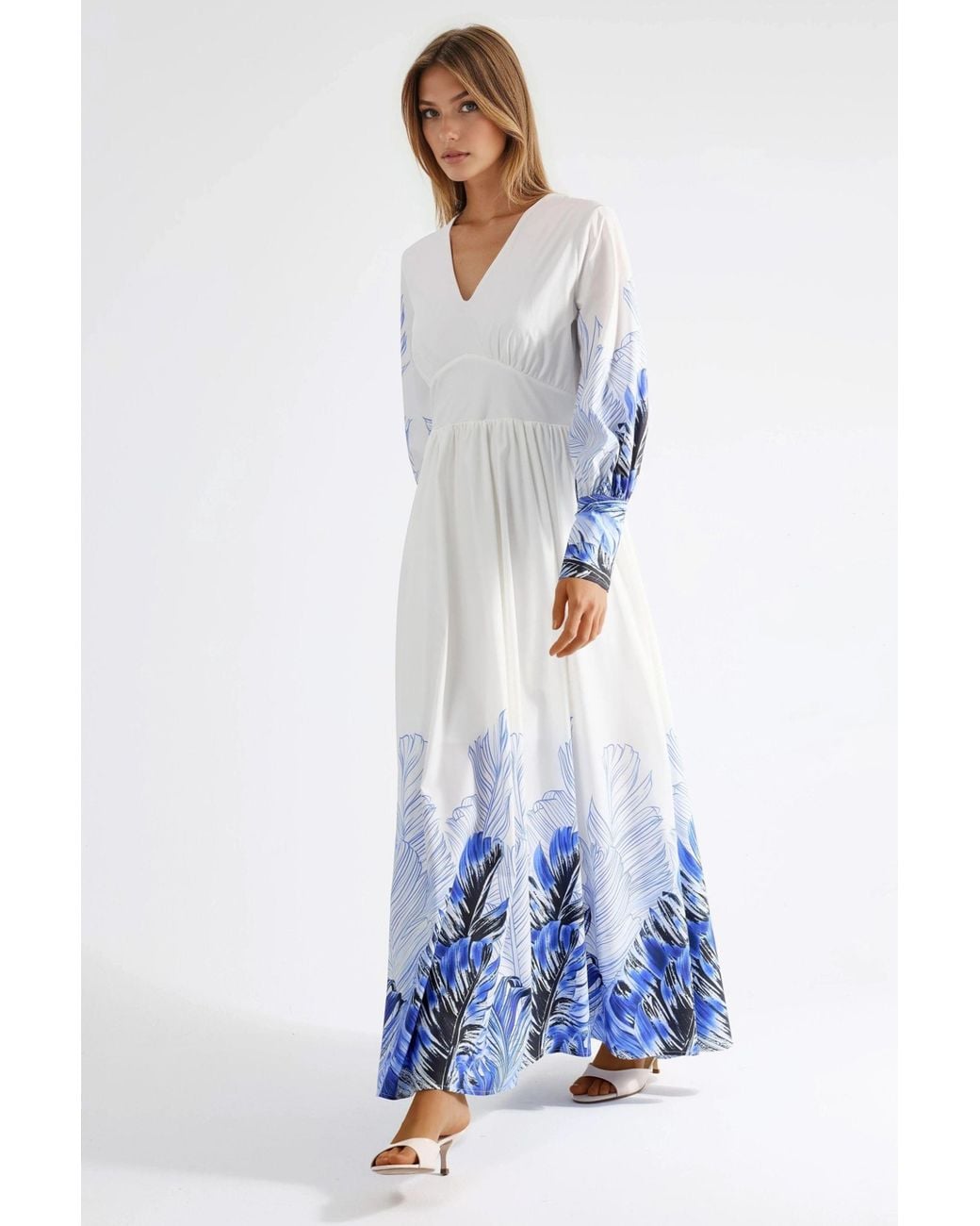 Msn-Collection Blue Tropical Floral Print Maxi Dress