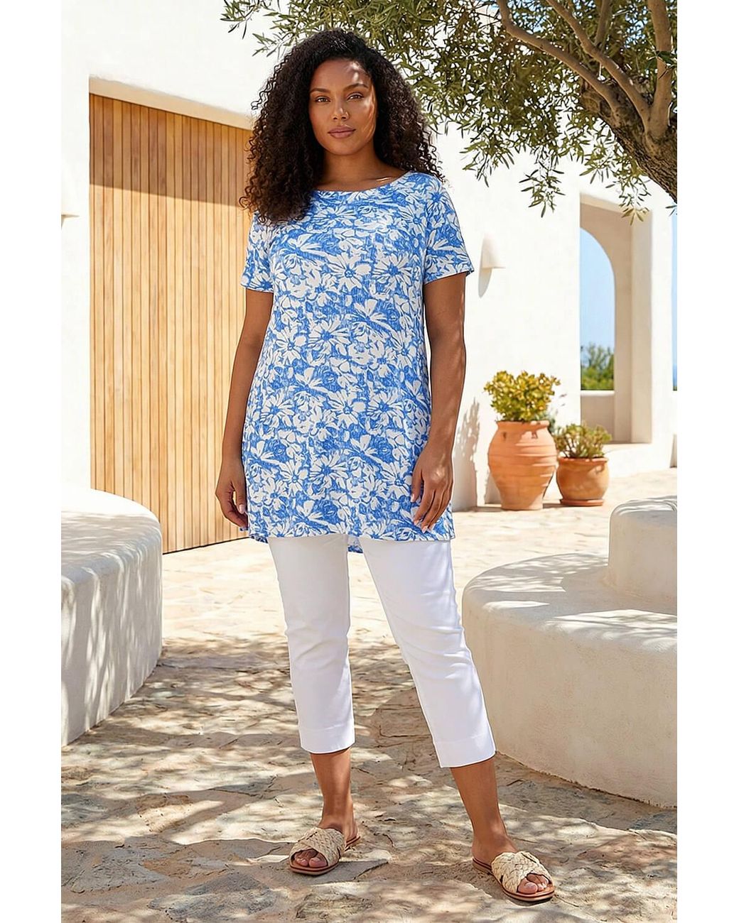 Roman Blue Curve Bardot Floral Stretch Top