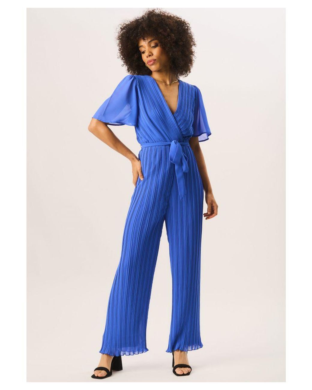 Gini London Blue Angel Sleeves Pleated Belted Wrap Jumpsuit