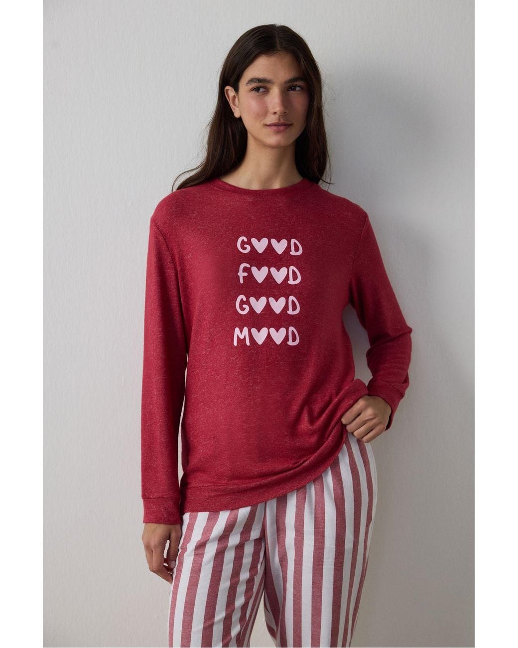 Penti Red Good Mood Slogan Printed Thermal Effect Sweatshirt Pajama Top