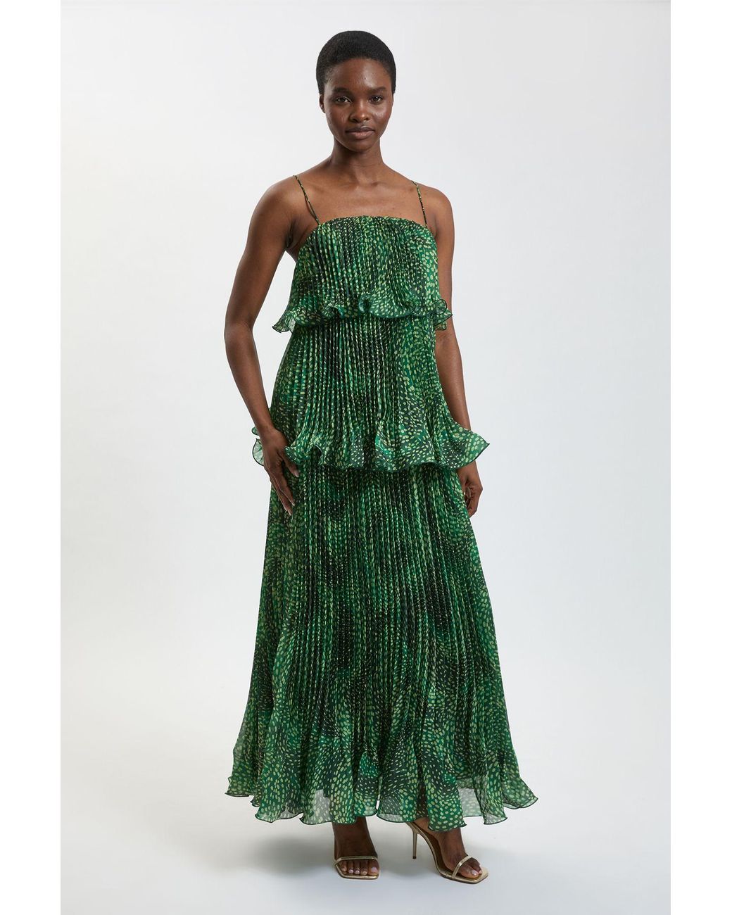 Karen Millen Green Spot Print Pleated Slub Organdie Peplum Woven Maxi Dress