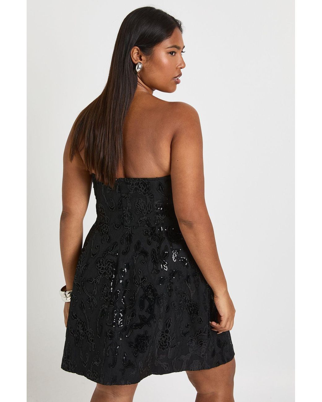 Boohoo Black Plus Bandeau Structured Velvet Lace Demask Skater Mini Dress