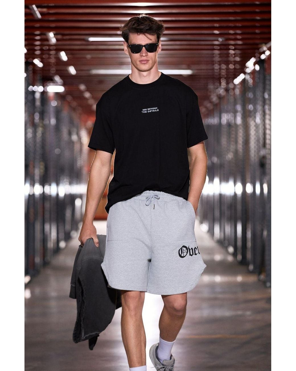 Grimelange Gray Printed Straight-Leg Sweat Shorts for men