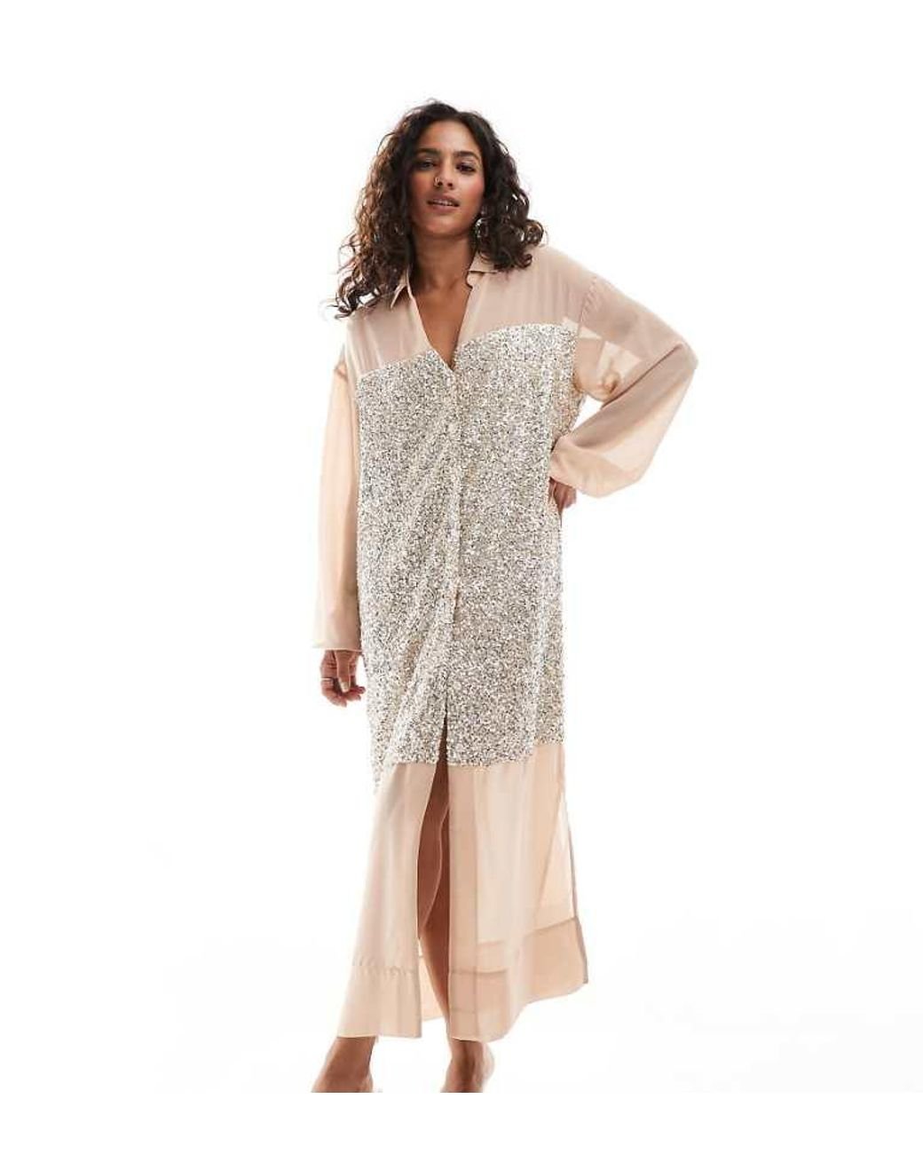 Never Fully Dressed Metallic Petite Lila Sequin Shirt Midaxi Dress