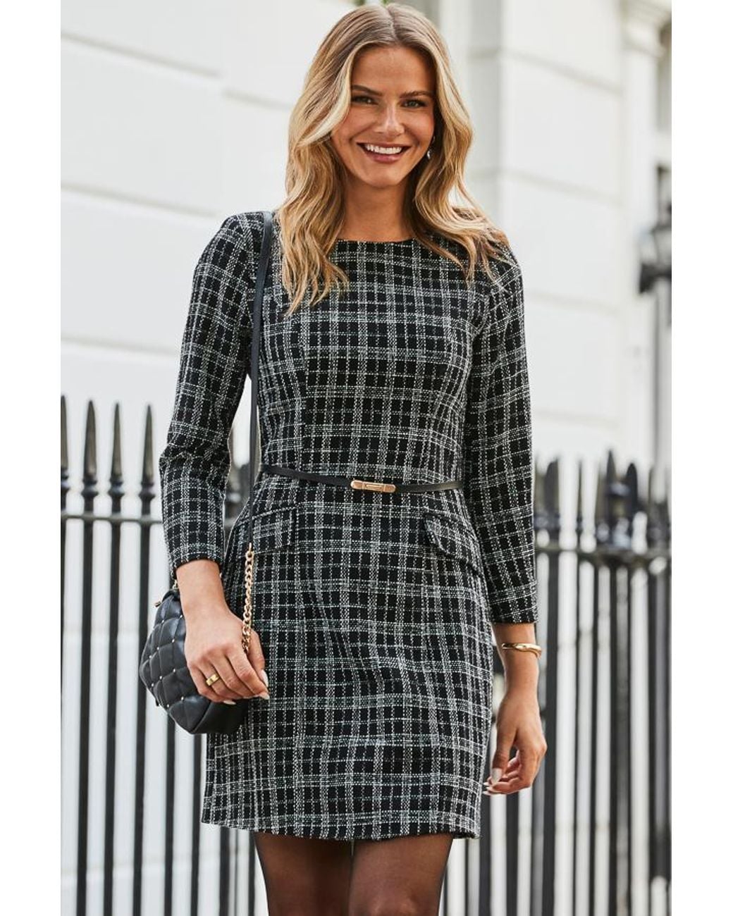 Sosandar Black Boucle Belted Mini Dress