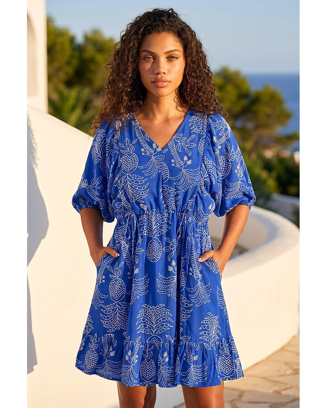 Roman Blue Petite Palm Print Smock Dress