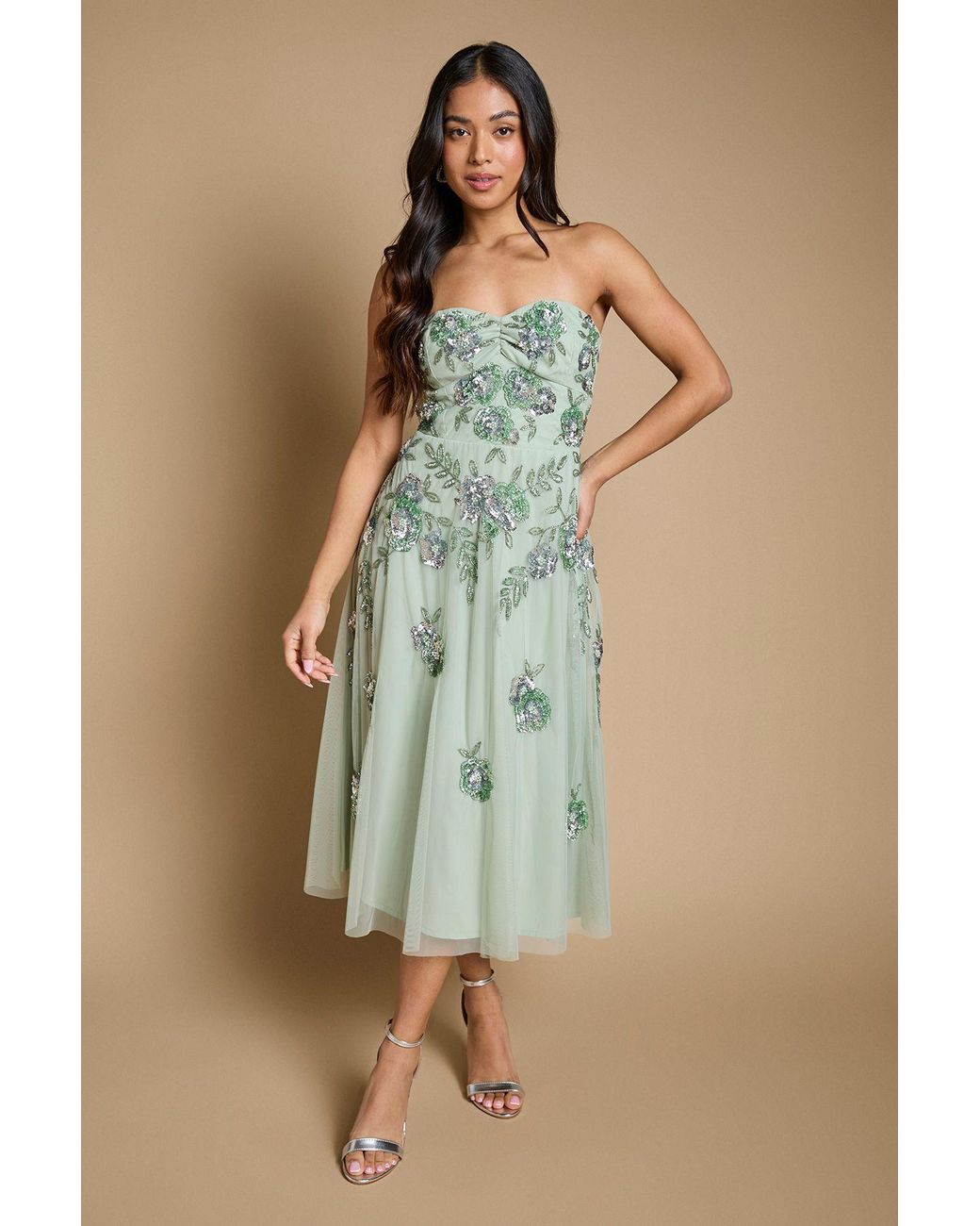 Oasis Green Petite Premium Trailing Floral Embellished Bandeau Midi Dress