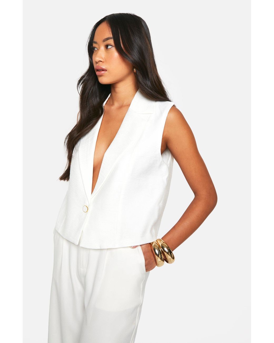 Boohoo White Woven Textured Seam Detail Waistcoat