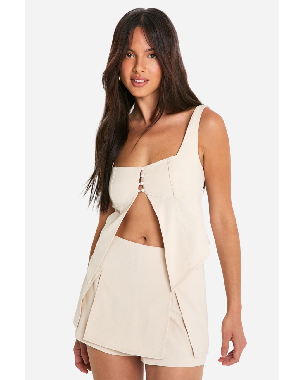 Boohoo Natural Button Up Split Hem Longline Top