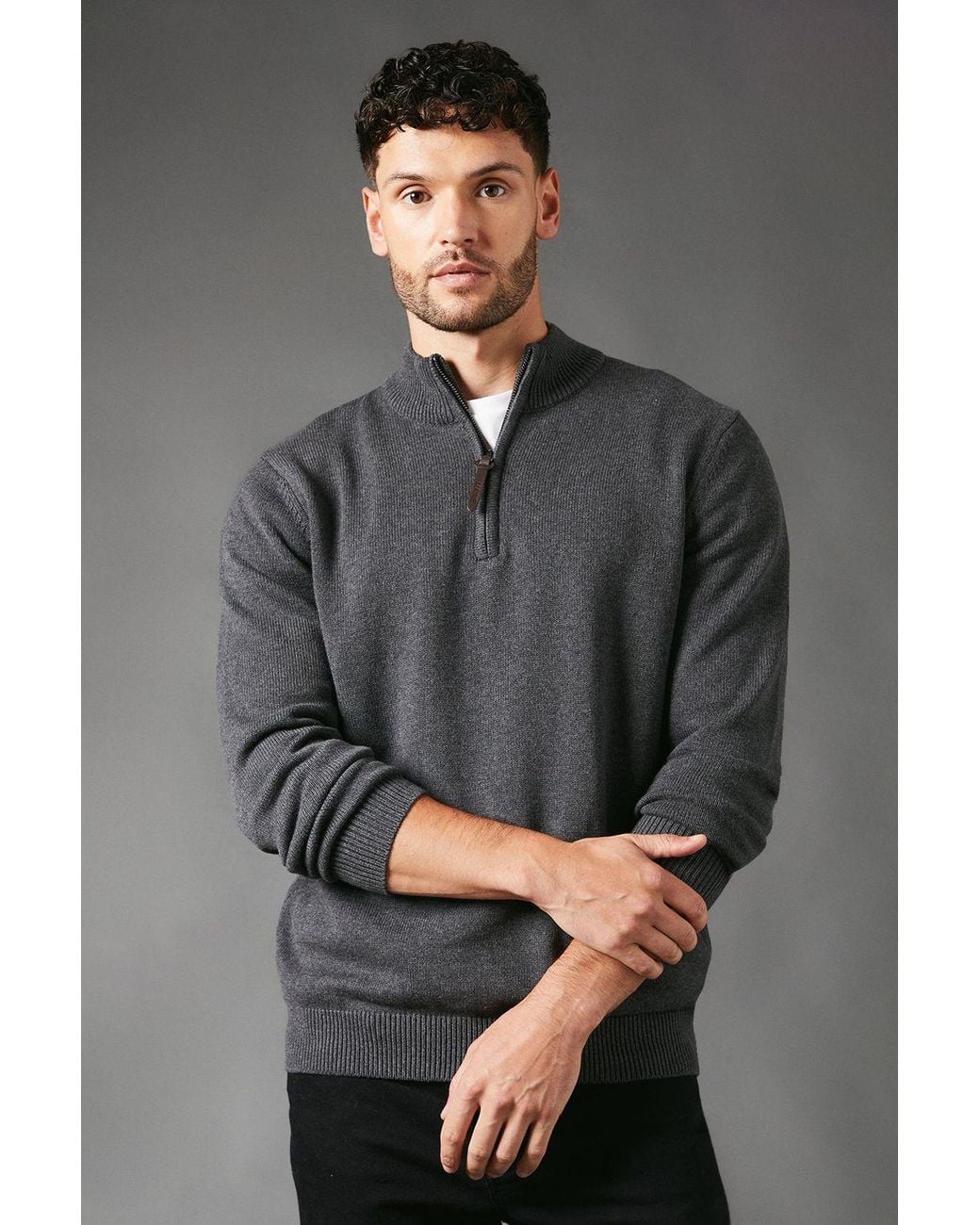 MAINE Gray Premium Pure Cotton Half Zip Funnel Jumper for men