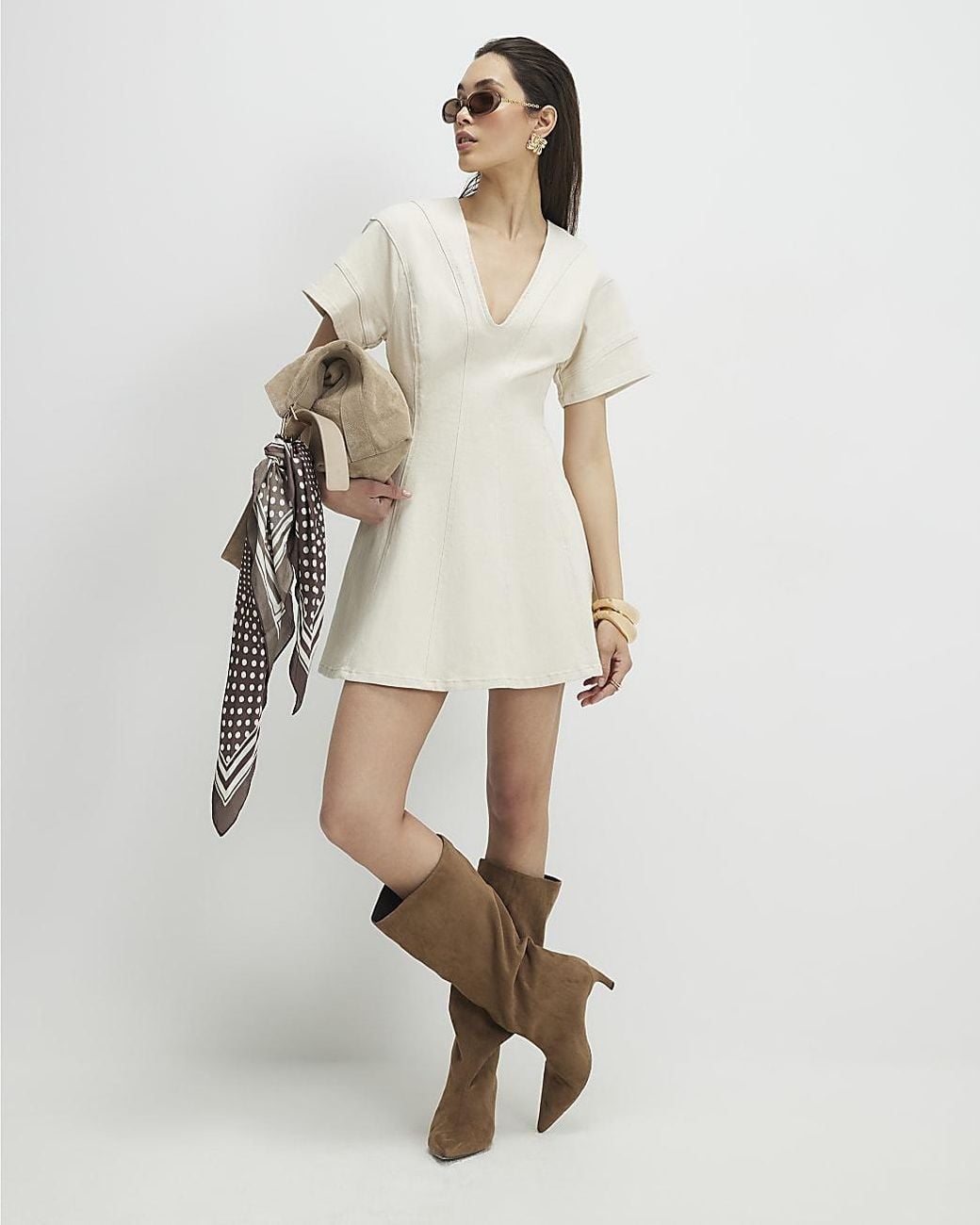 River Island Natural Mini Dress Cream Seamed Short Sleeve V-Neck