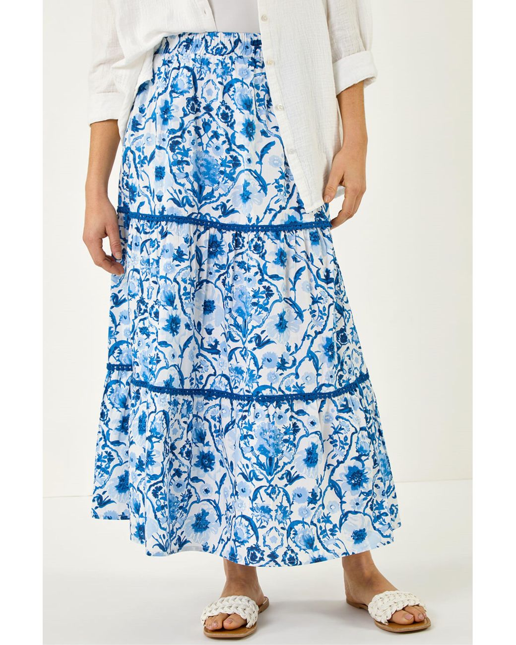 Roman Blue Floral Print Tiered Skirt