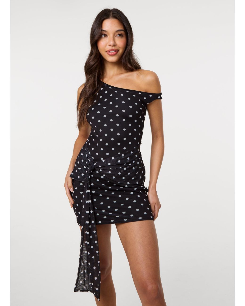Pink Vanilla Blue Polka Dot Tie Side Mesh Bodycon Dress