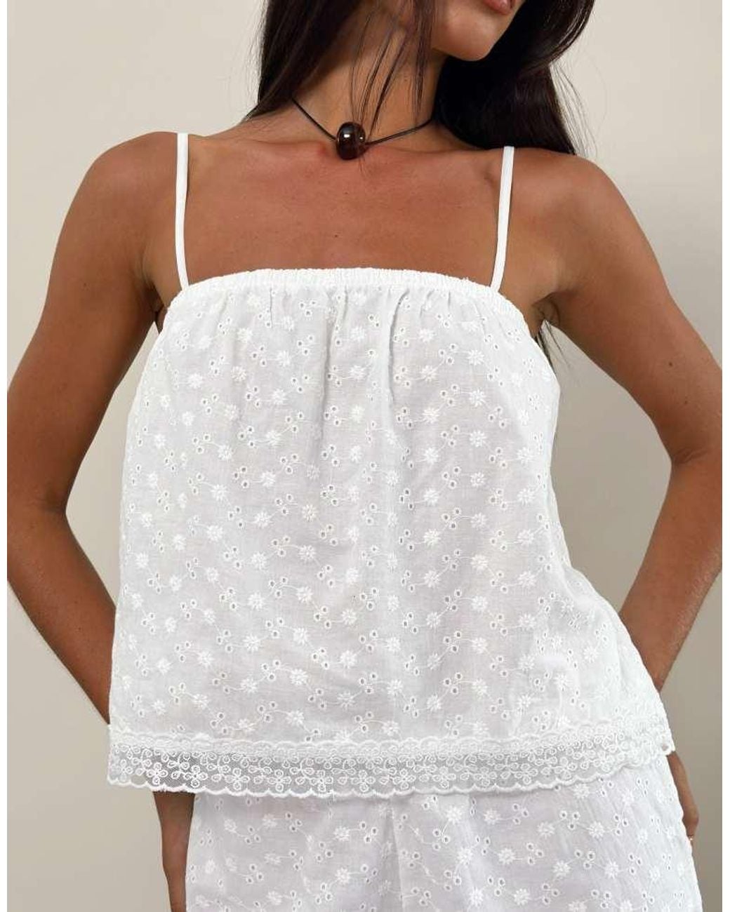 Motel White Strapa Broderie Cropped Cami Top