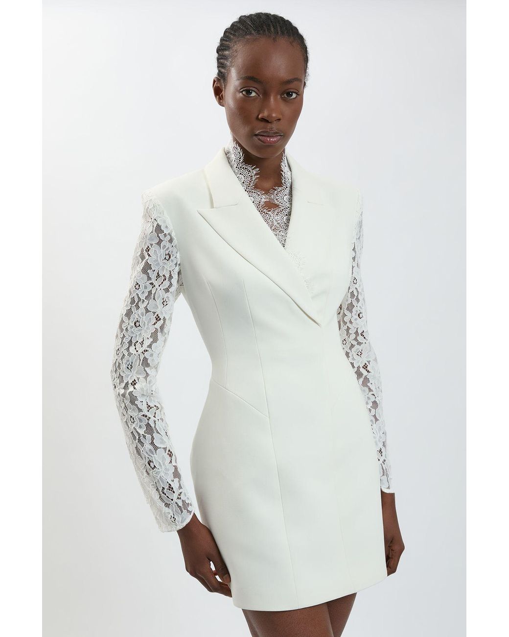 Karen Millen White Compact Stretch Lace Sleeve Blazer Mini Dress