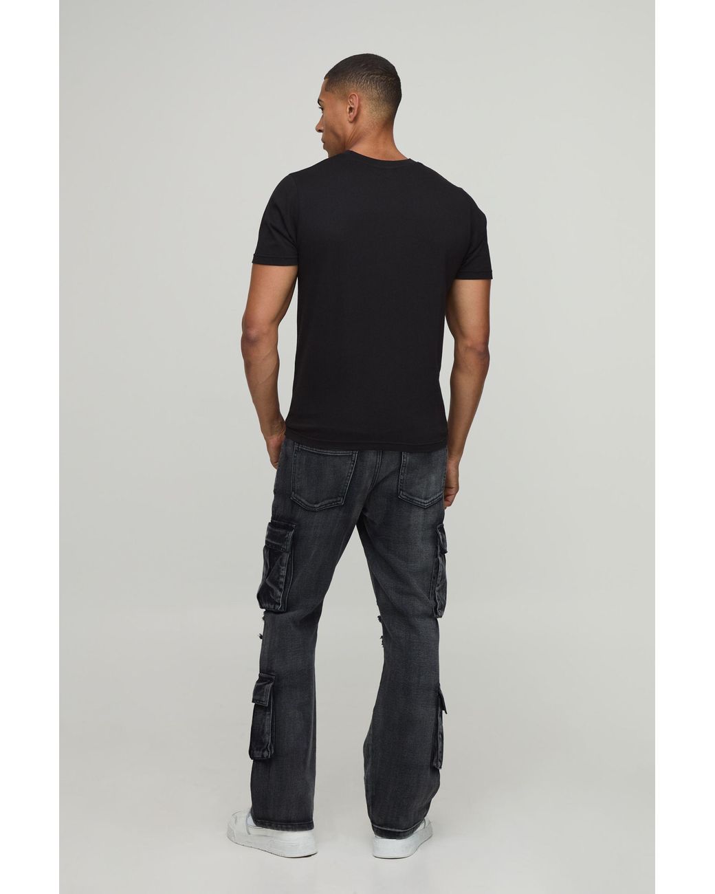 BoohooMAN Blue Crease Wash Slim Flare Cargo Jeans for men