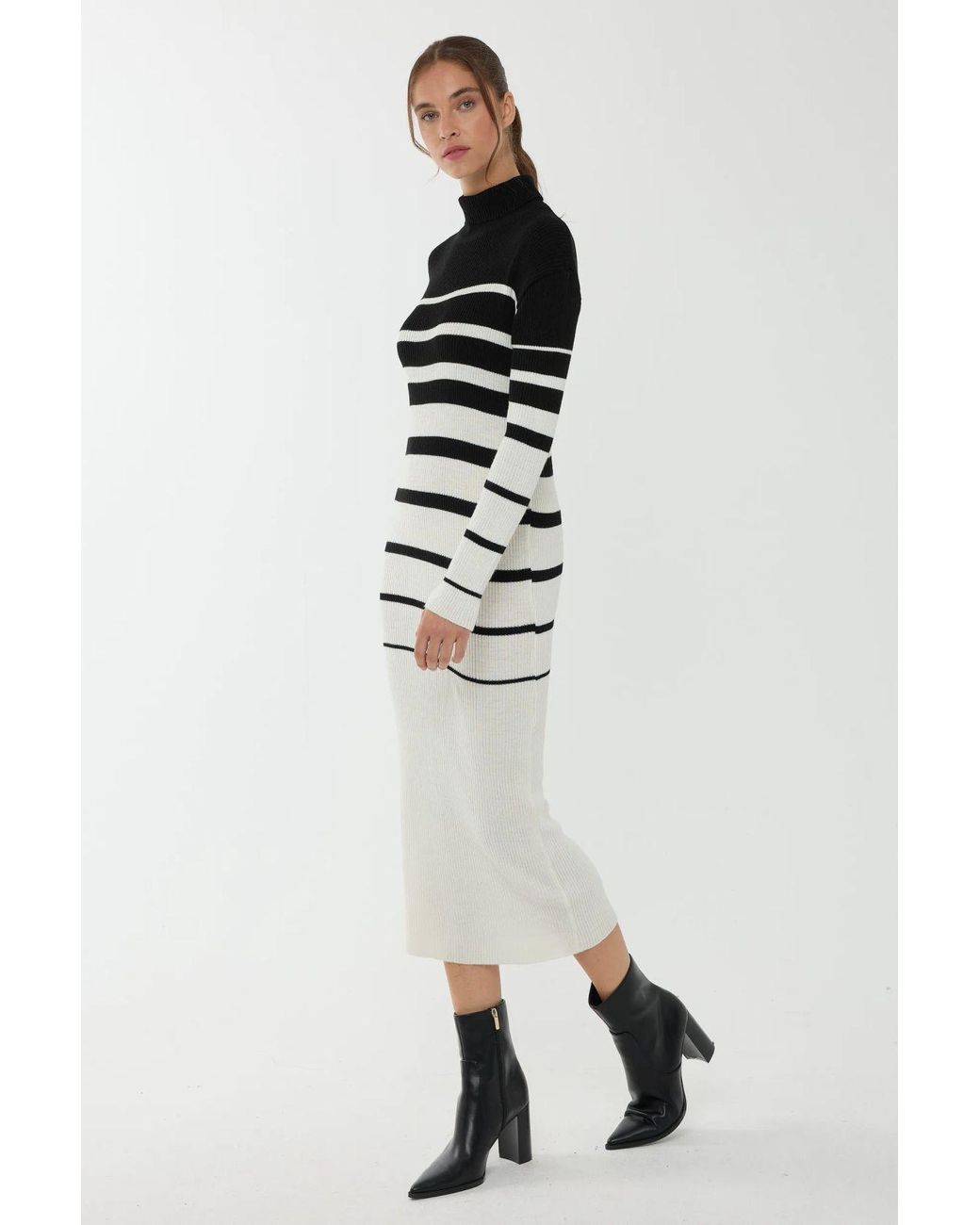 Hiccup Black Striped Turtleneck Bodycon Midi Dress