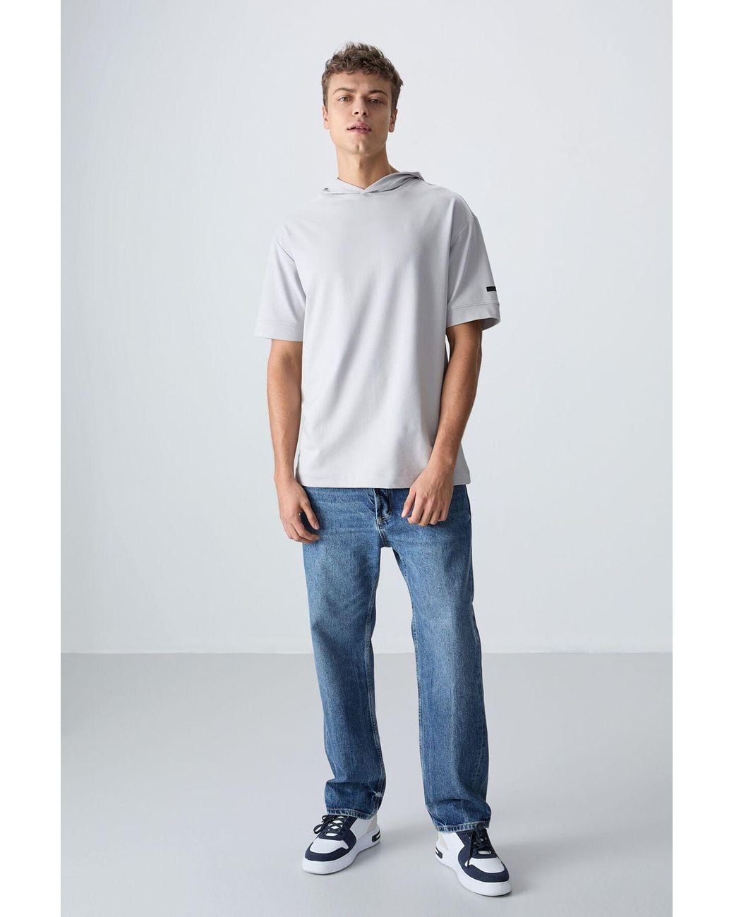 TOMMY LIFE Blue Oversized Hooded Short-Sleeve T-Shirt for men